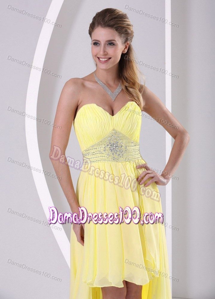 High-low Sweetheart Beaded and Ruched Dama Dress in Yellow