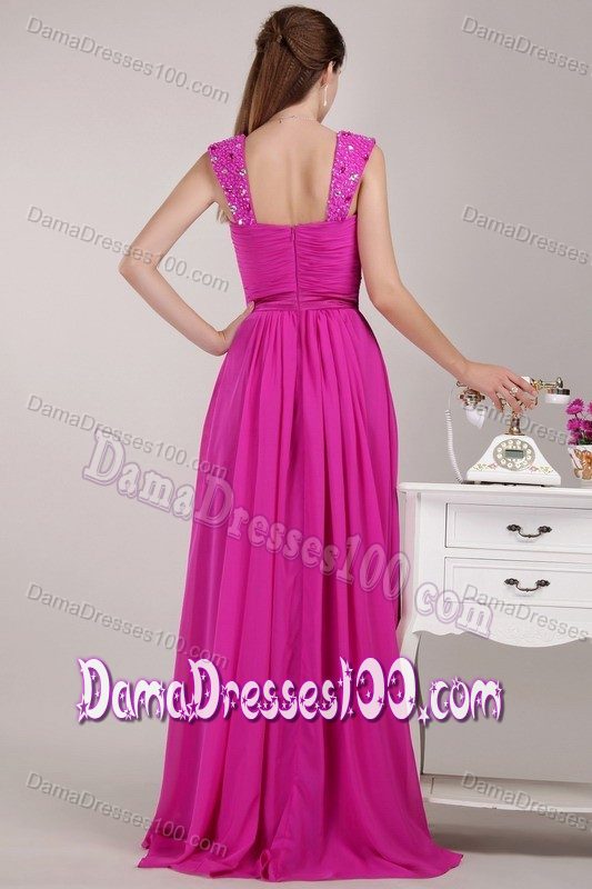 Hot Pink Straps Empire Chiffon Beading and Ruching Dama Dress