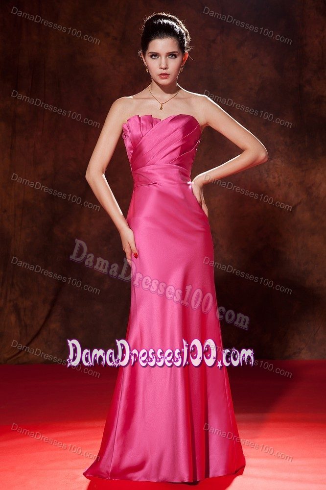 Hot Pink Ruches Mermaid Strapless Dama Dress with Brush Train