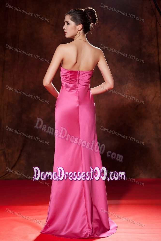 Hot Pink Ruches Mermaid Strapless Dama Dress with Brush Train