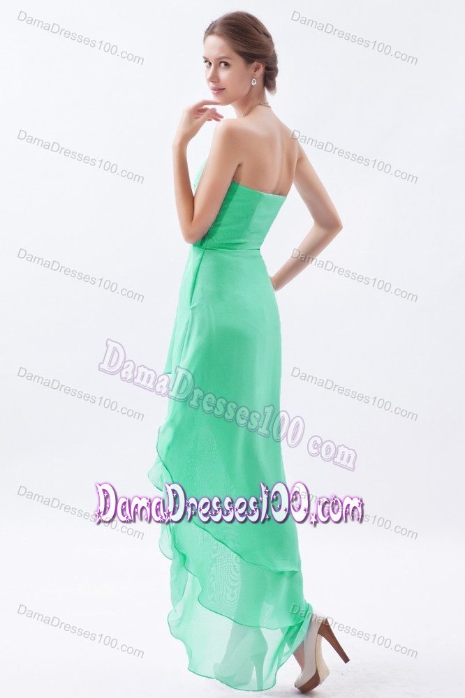 Apple Green Beading V-neck High-low Chiffon Ruched Dama Dress