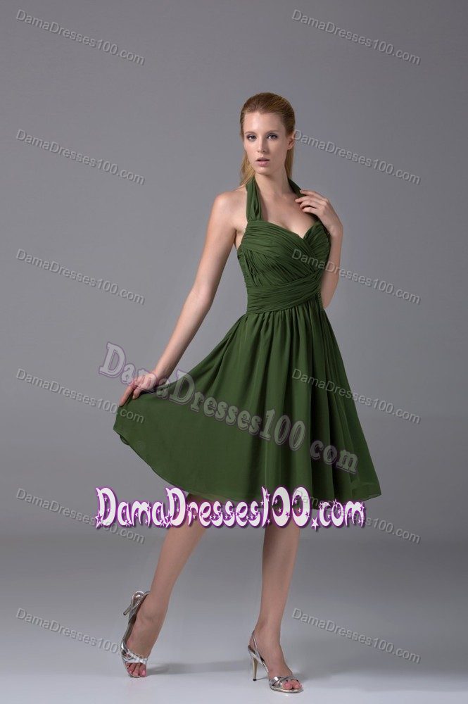 Discount Halter Ruched A-line Party Dama Dress in Olive Green