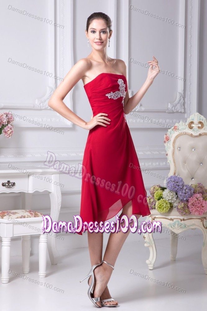Red Strapless Dama Dress with Asymmetrical Hem and Appliques