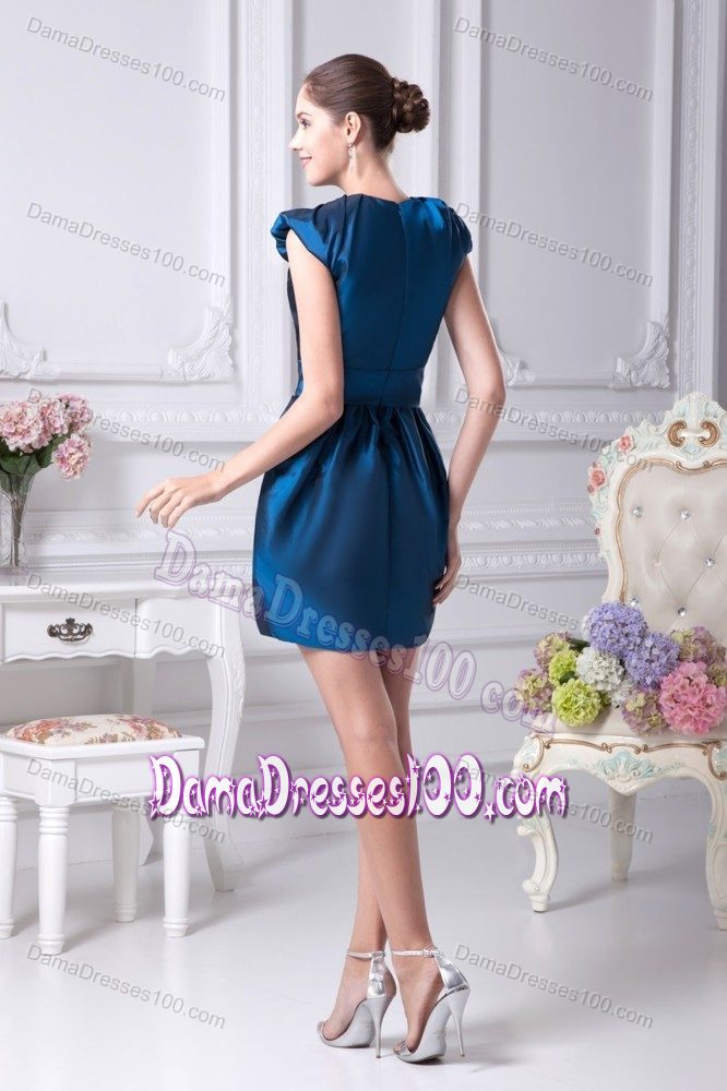 Blue V-neck Dama Dress with Beaded Bow Belt and Cap Sleeves