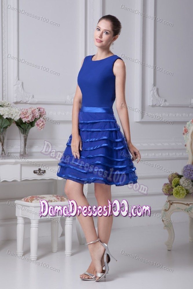 Blue Scoop Layers A-line Chiffon Party Dama Dress with Belt