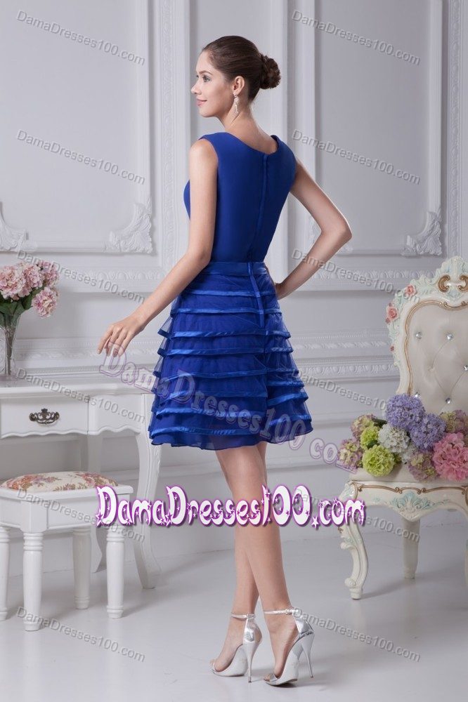 Blue Scoop Layers A-line Chiffon Party Dama Dress with Belt