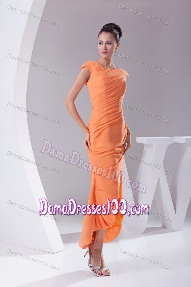 Cap Sleeves Scoop Tea-length Slit Orange Ruches Dama Dress