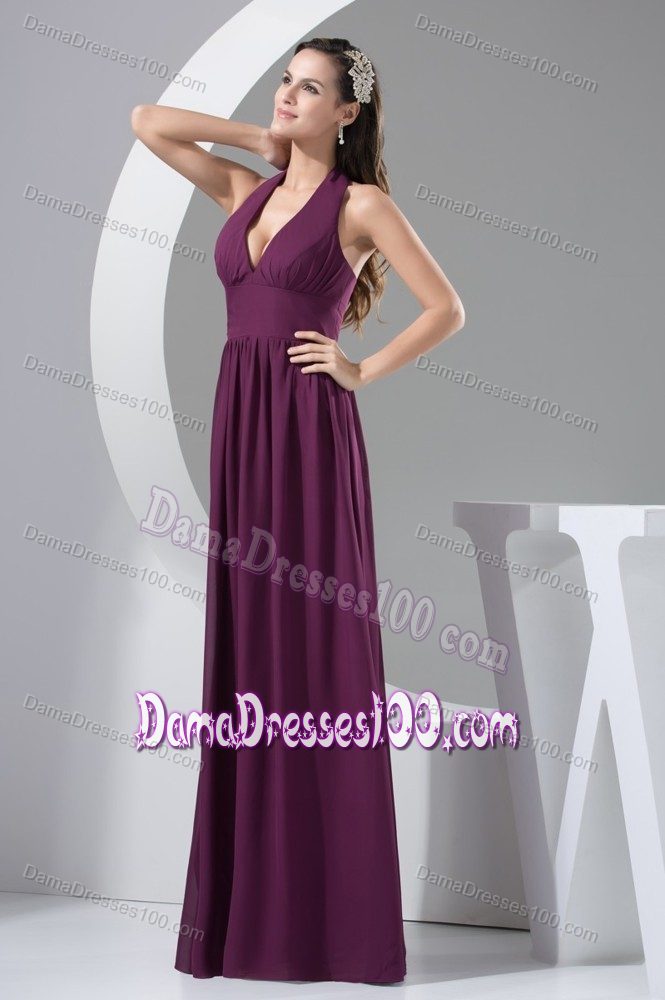 Halter Plunging V-neck Back Out Chiffon Dama Dress in Purple