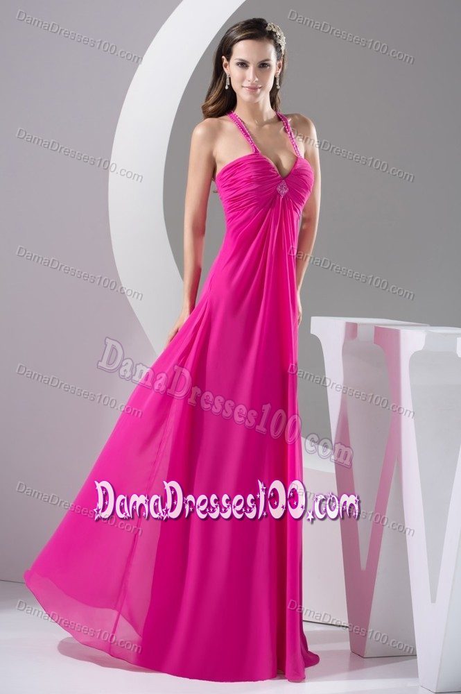 Straps Empire Hot Pink Dama Dress with Beading and Ruching