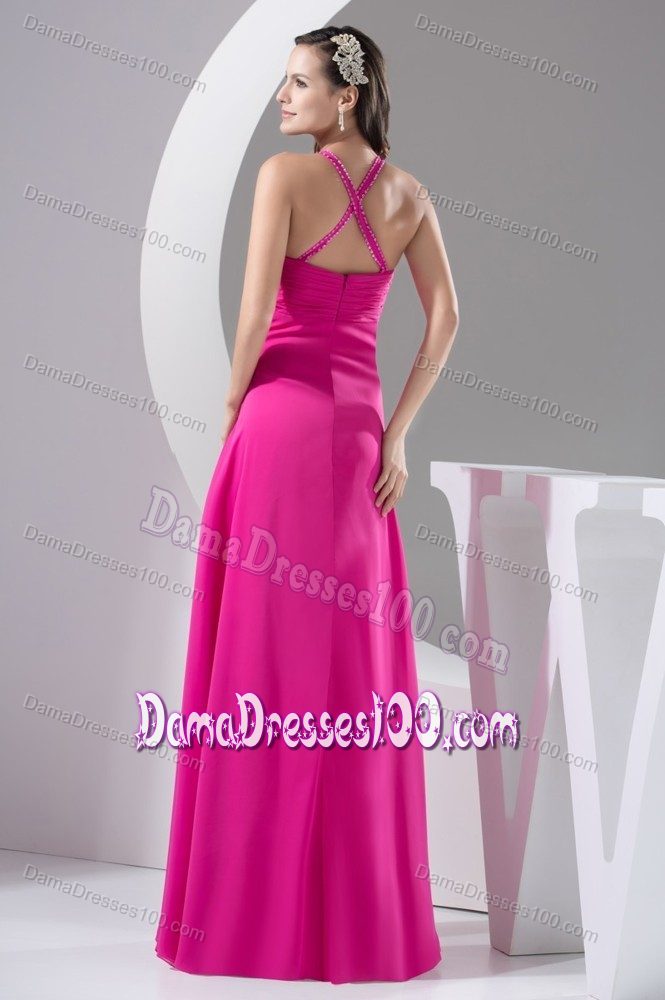 Straps Empire Hot Pink Dama Dress with Beading and Ruching