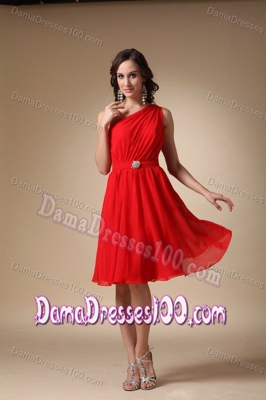 Beading A-line One Shoulder Knee-length Dama Dress in Red