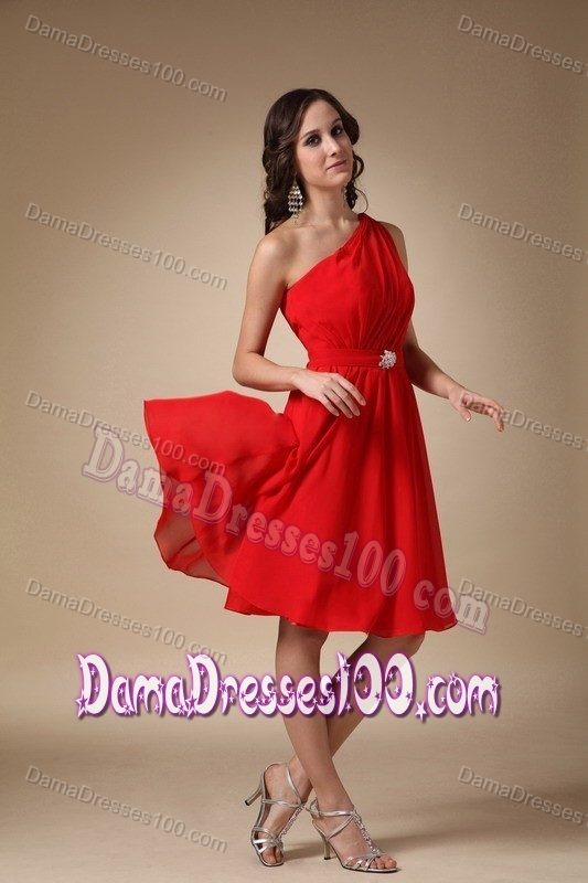Beading A-line One Shoulder Knee-length Dama Dress in Red