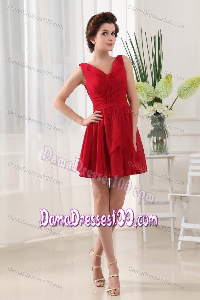 Red V-neck Mini-length Chiffon Dresses for Dama with Ruches