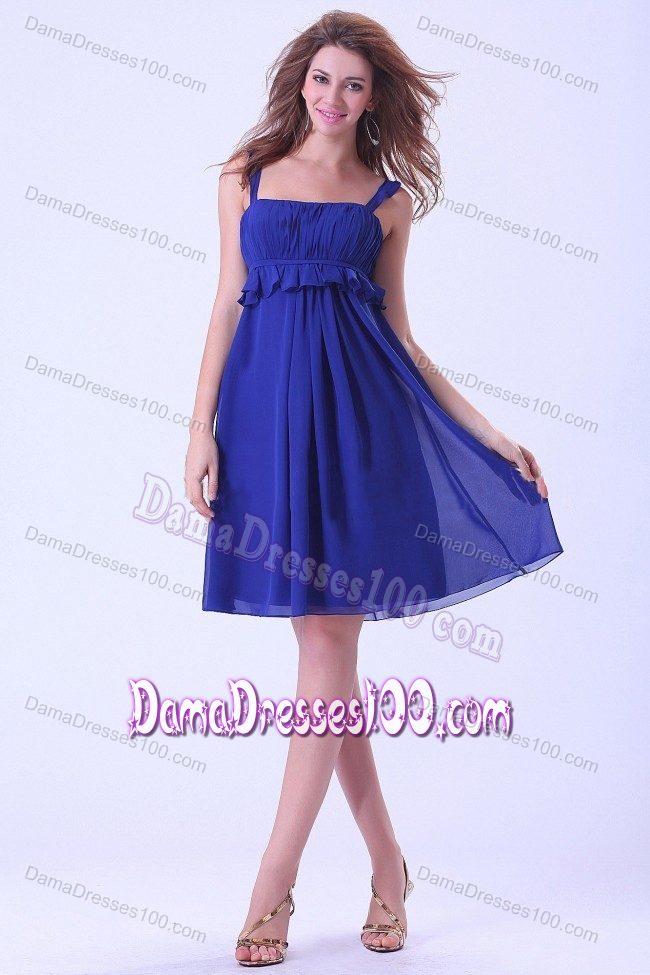 Royal Blue Straps Knee-length Chiffon Dama Dress with Ruches