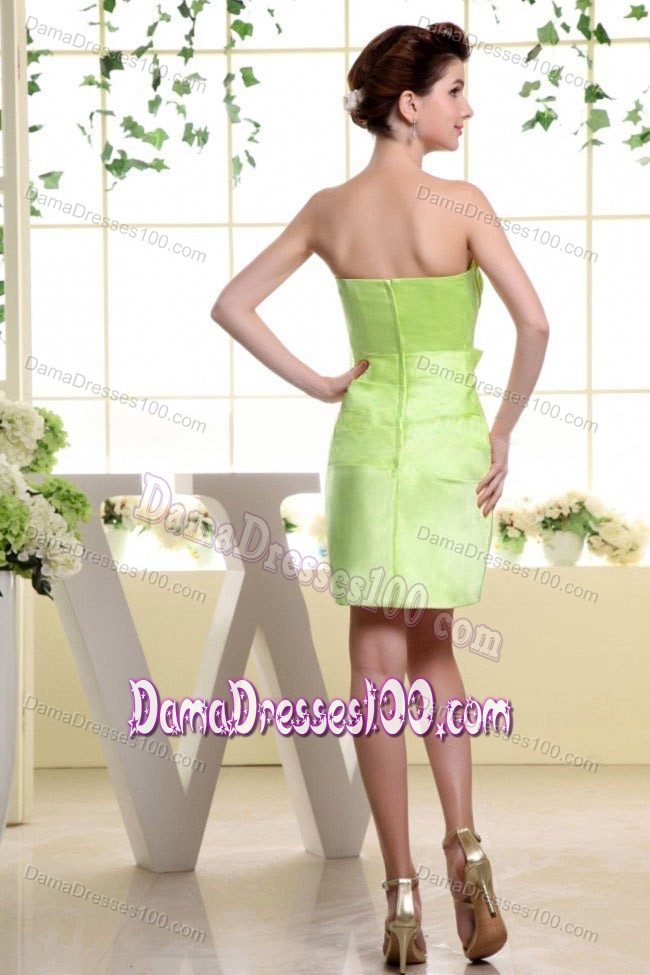 Strapless Bow and Ruches Yellow Green Dama Dress Mini-length