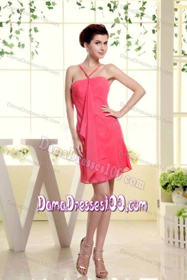 Mini-length Coral Red Bridesmaid Dress for Dama With Straps