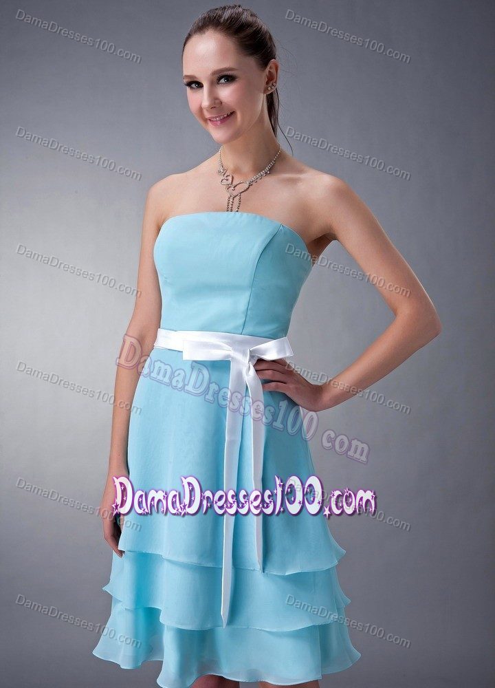 Cheap Aqua Blue Strapless Empire Chiffon Dama Dress with Sash