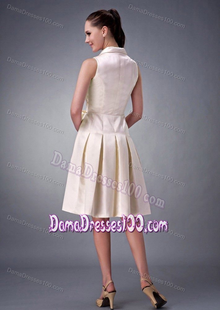 Light Yellow V-neck A-line Ruching and Bow Party Dama Dress