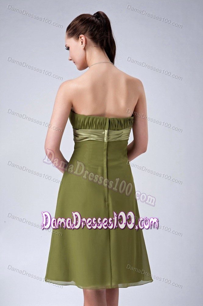 Strapless Empire Ruched Chiffon Damas Dress in Olive Green
