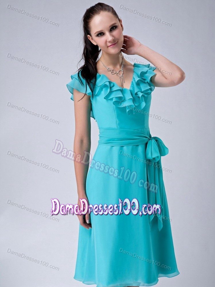 Turquoise Blue V-neck Empire Chiffon Damas Dress with Sash