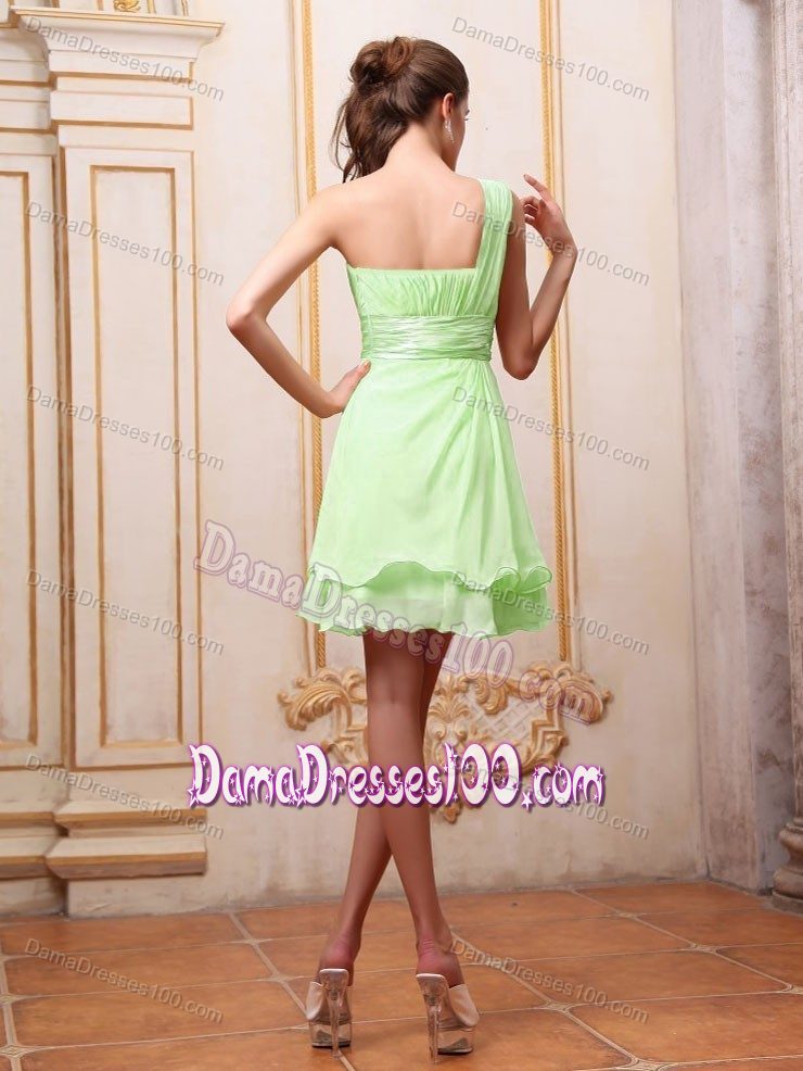 One Shoulder Yellow Green Damas Dress with Beading and Ruche