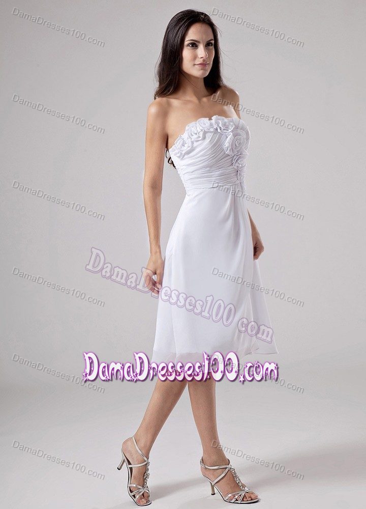 Hand Made Flowers A-Line Strapless White Ruches Dama Dress
