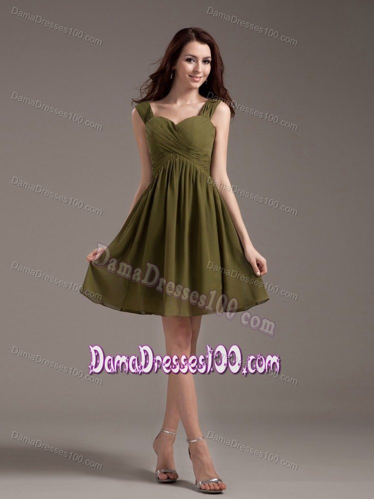 Straps Knee-length Chiffon Ruched Dama Dress in Olive Green