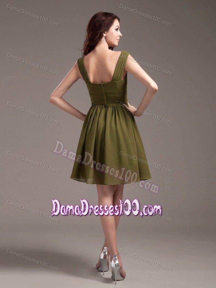 Straps Knee-length Chiffon Ruched Dama Dress in Olive Green