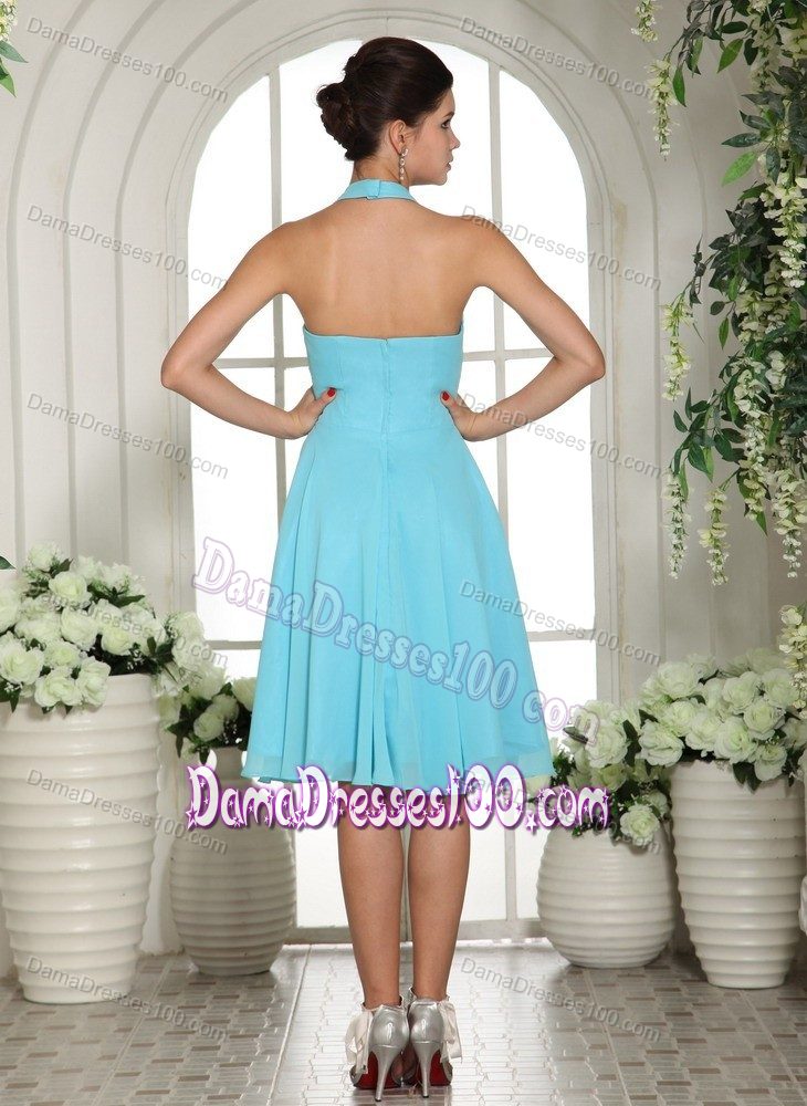 Halter Chiffon Aqua Blue Knee-length Dama Dress with Sash