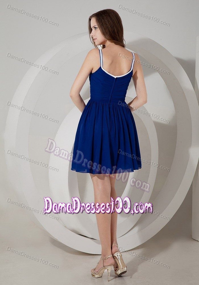 Spaghetti Straps A-line Mini-length Ruched Blue Dama Dress