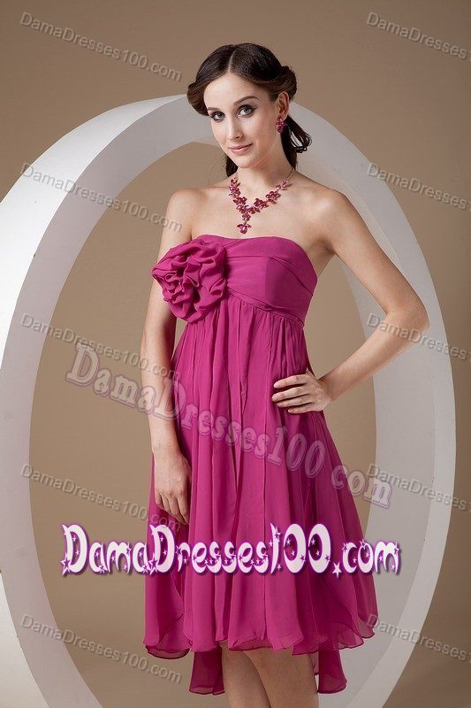 Hot Pink Strapless Empire Dama Dress with Hand Made Flowers