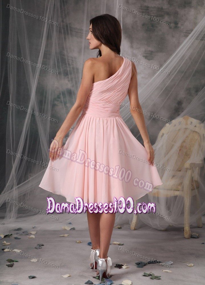 One Shoulder Baby Pink Empire Chiffon Bridesmaid Dama Dress