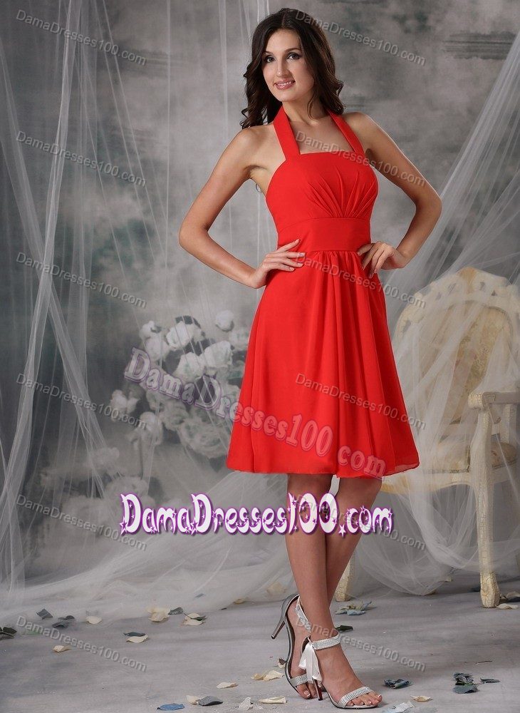 Halter Empire Ruched Chiffon Red Sweet 15 Dresses for Damas
