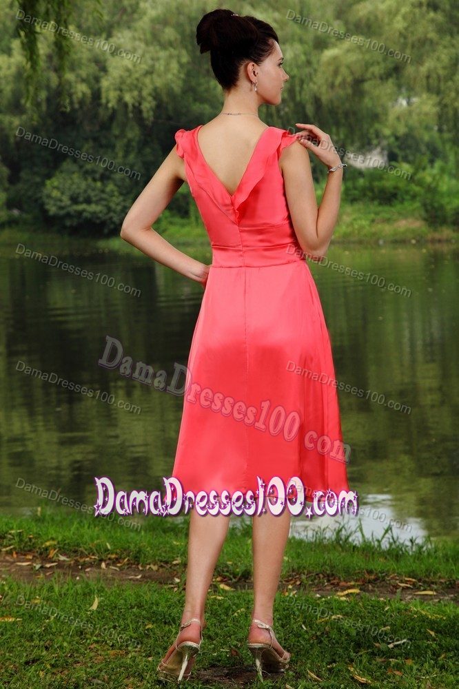 Watermelon Red V-neck Empire Party Dama Dress with Beading