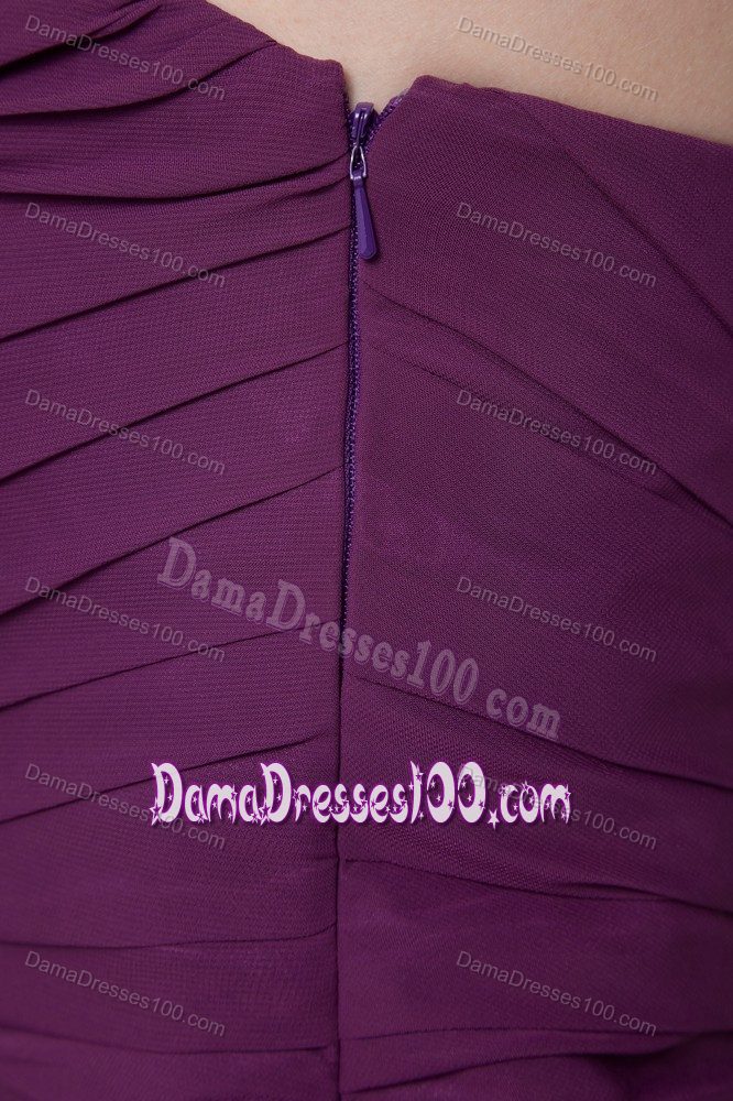 Purple Ruches Strapless Column Mini-length Prom Dama Dress