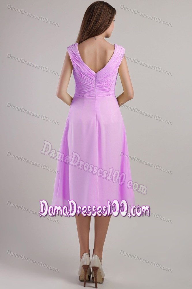 Ruche V-neck Empire Ankle-length Chiffon Dama Dress in Lilac
