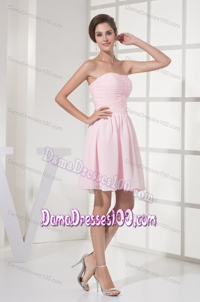 Light Pink Ruched and Beaded Mini-length Strapless Dama Dress