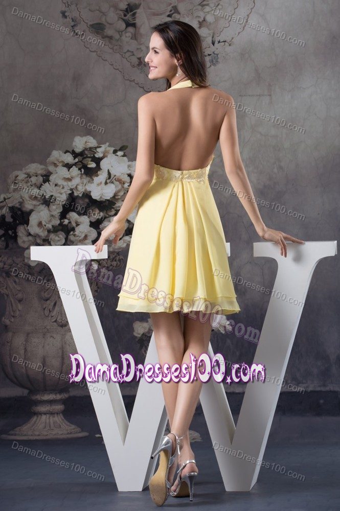 Halter Beaded Appliques Cocktail Dama Dress in Light Yellow