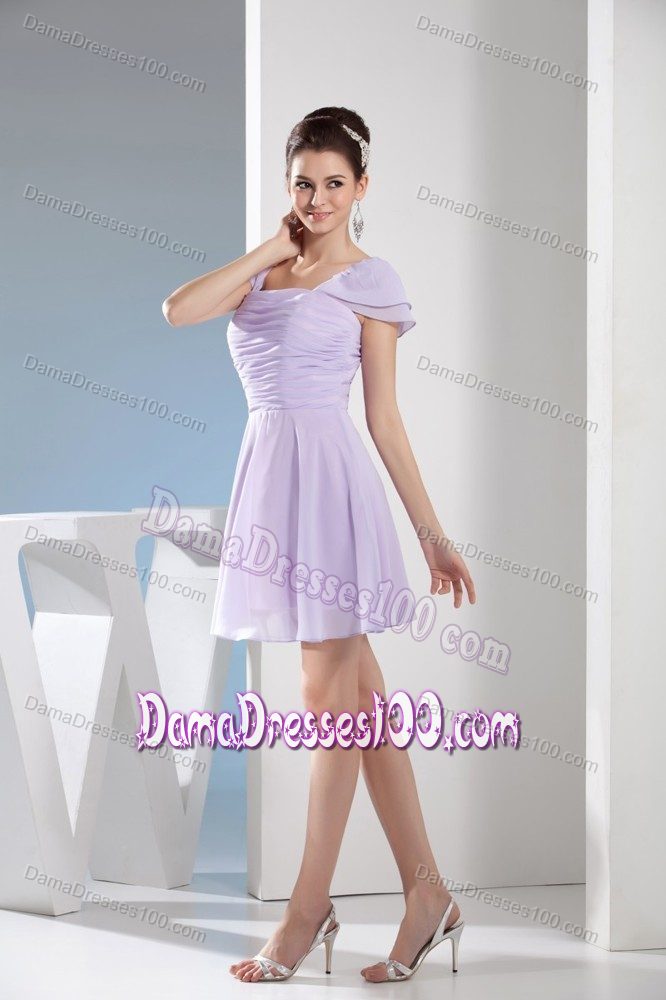 Ruching and Cap Sleeves Lilac Square Mini-length Dama Dress