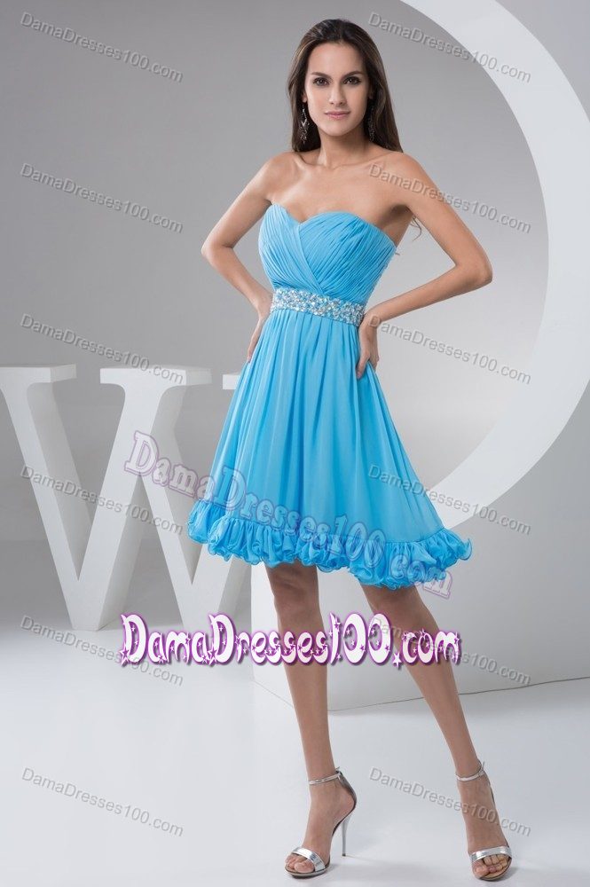 Aqua Blue Ruched and Beaded Sweetheart A-line Prom Dama Dress