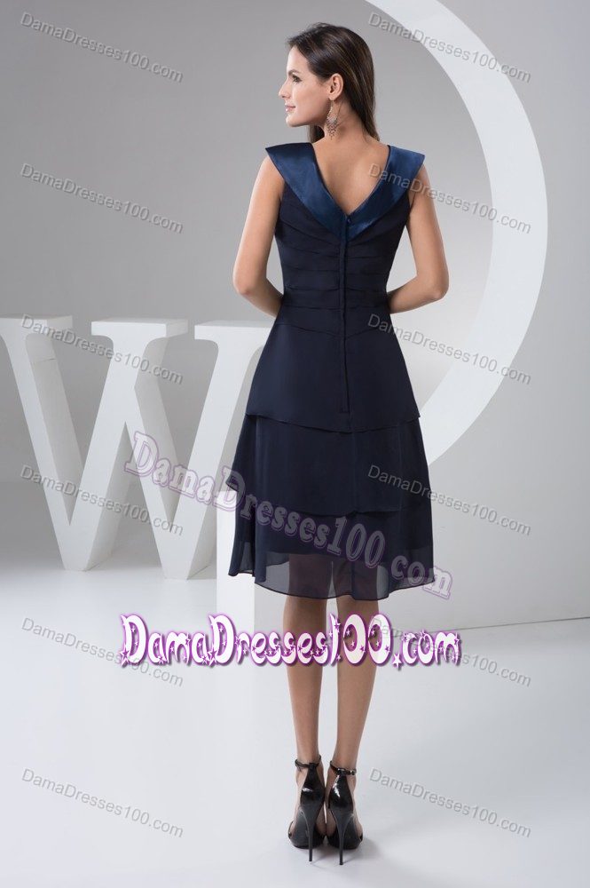 Navy Blue Pleating V-neck Chiffon A-line Dresses for Damas