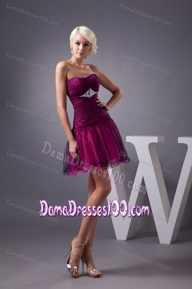 Beaded and Ruched Sweetheart Black and Hot Pink Dama Dress