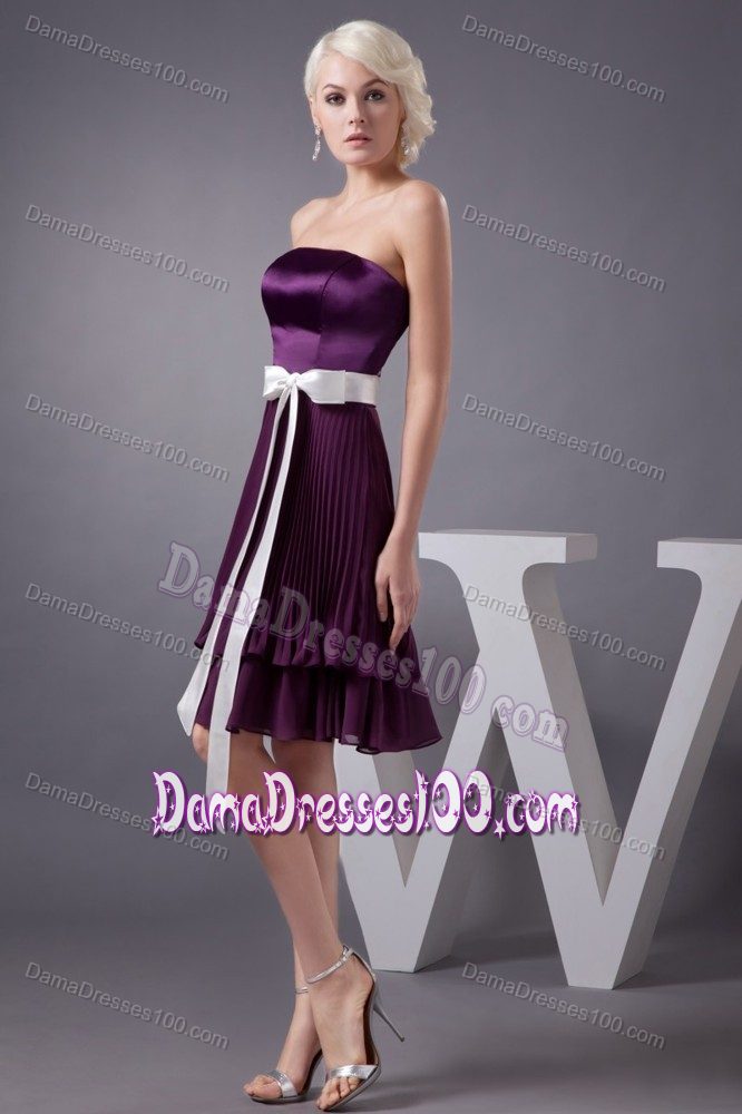Strapless Dama Dress in Eggplant Purple with Sash and Pleats