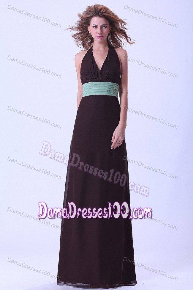 Backless Brown Halter Chiffon Dama Dress for Quince with Belt