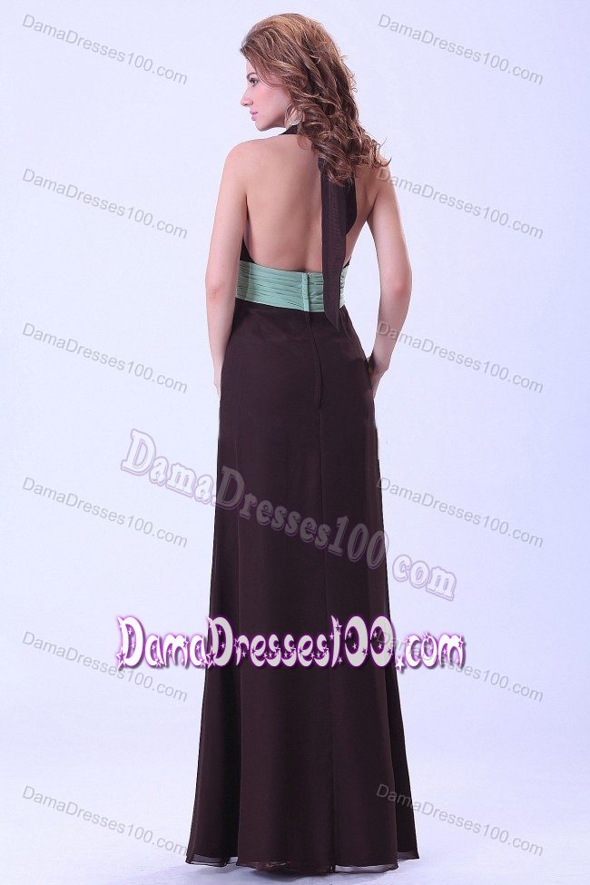 Backless Brown Halter Chiffon Dama Dress for Quince with Belt