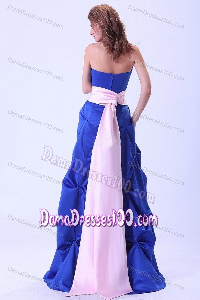 Blue Strapless Party Dama Dress with Pick-ups and Pink Sash