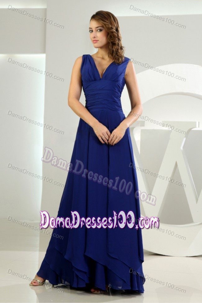 Royal Blue Column V-neck Chiffon Dama Dress Ankle-length