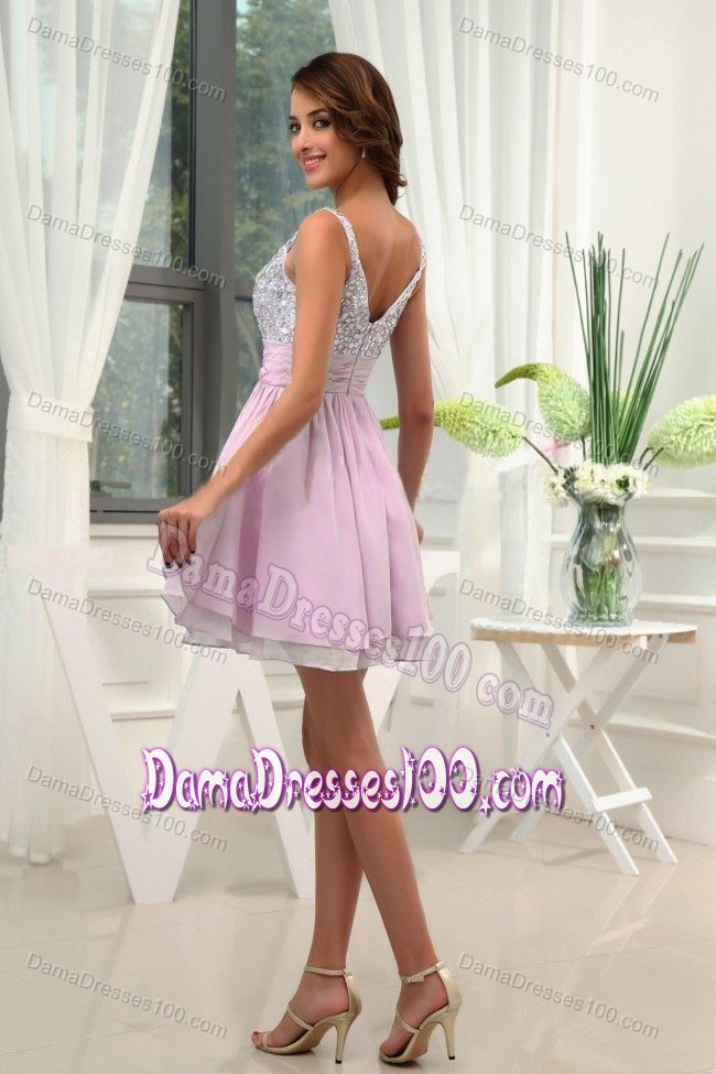 Rose Pink Beading Straps Mini-length A-Line Quince Dama Dress