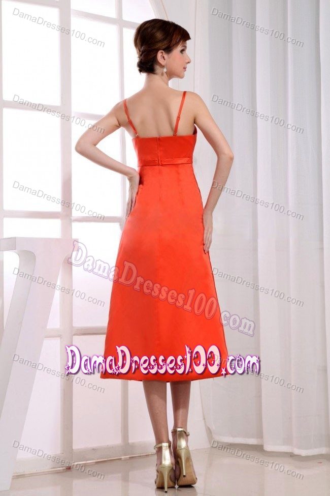 Spaghetti Straps Column Tea-length Dama Dress in Orange Red