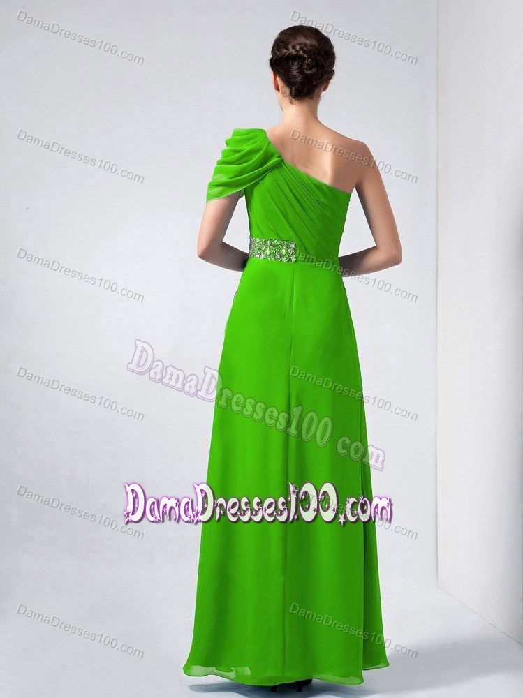 Beading and Ruches Column One Shoulder Dama Dress in Green